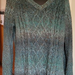 Prana Leisel cable knit V-Neck sweater teal greenish blue EUC